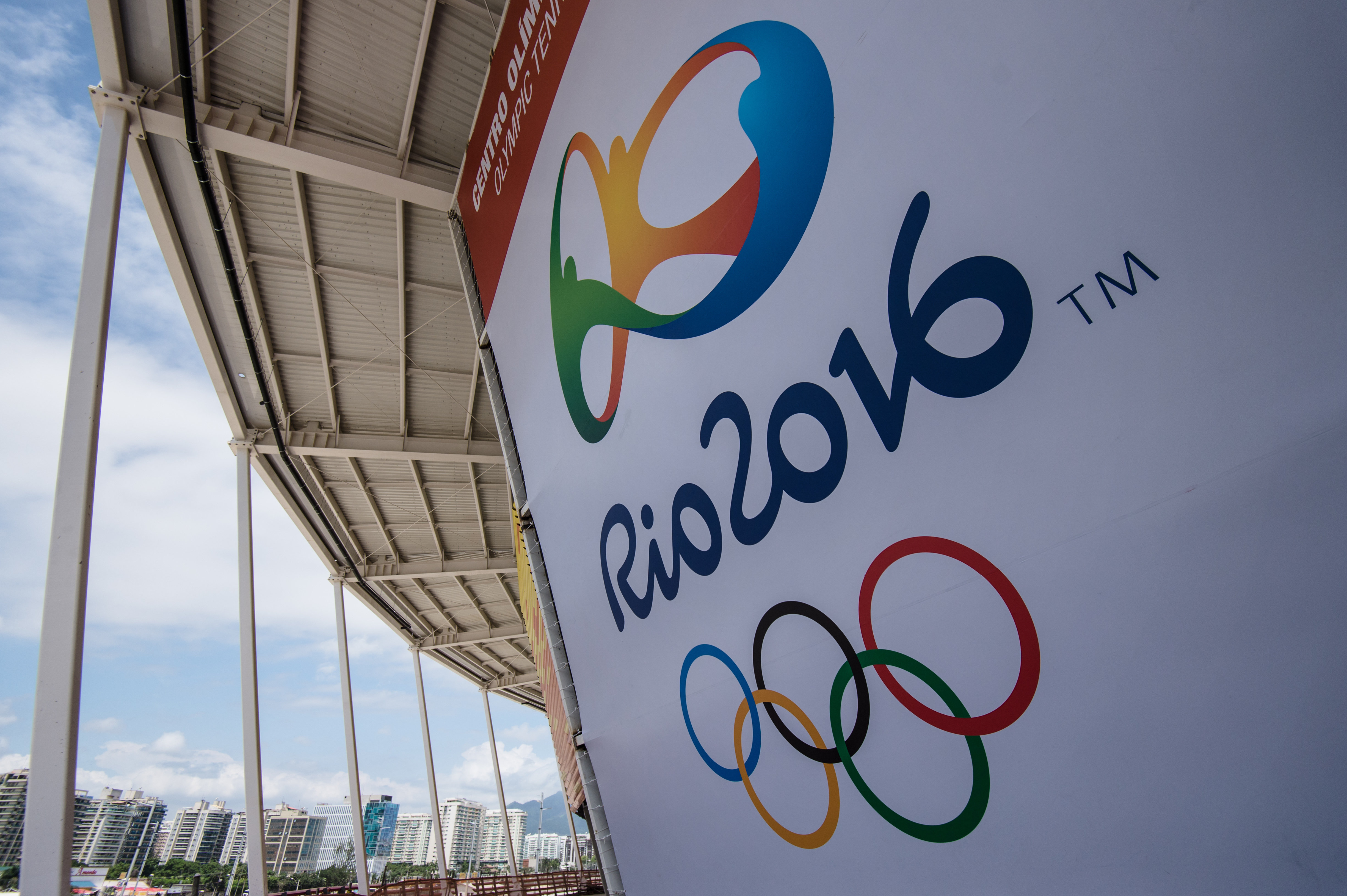 A banner with the Olympic logo for the Rio 2016 Olympic Games seen at the Olympic Tennis Centre of the Olympic Park in Rio de Janeiro, Brazil, on December 11, 2016